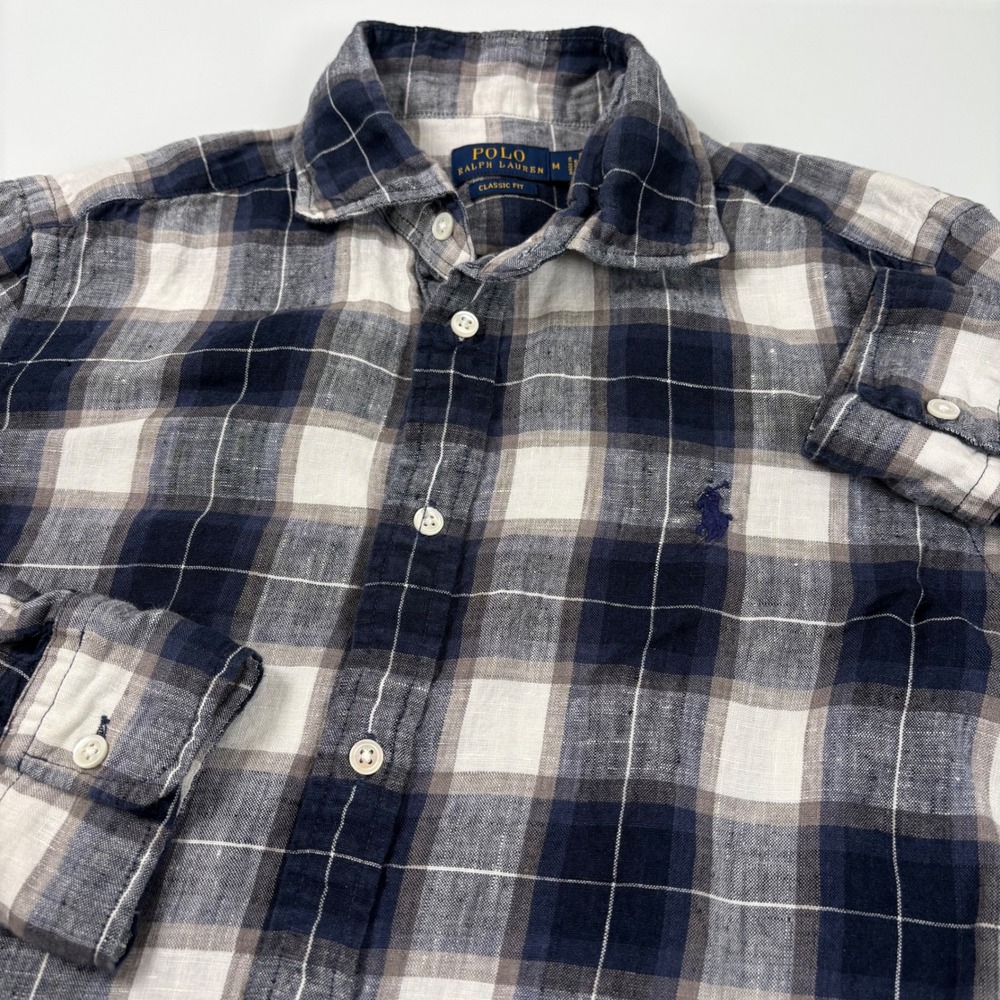 Polo Ralph Lauren Boys M Navy Plaid Linen Button Down Shirt Classic Preppy